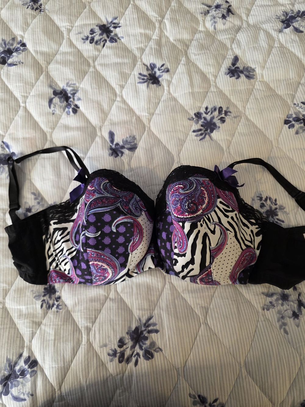 Cacique Black & Purple Paisley Zebra Underwire Bra